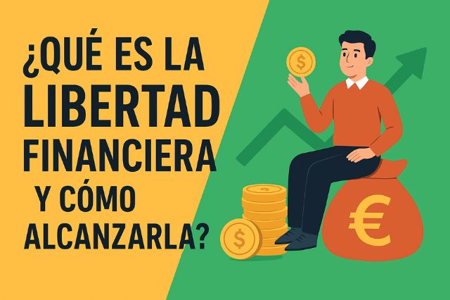 Ilustración de un joven sentado sobre una bolsa de dinero con monedas y flecha ascendente, junto al título ¿Qué es la libertad financiera y cómo alcanzarla?